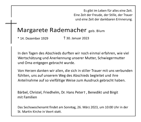 Traueranzeige von Margarete Rademacher von Rheinische Post