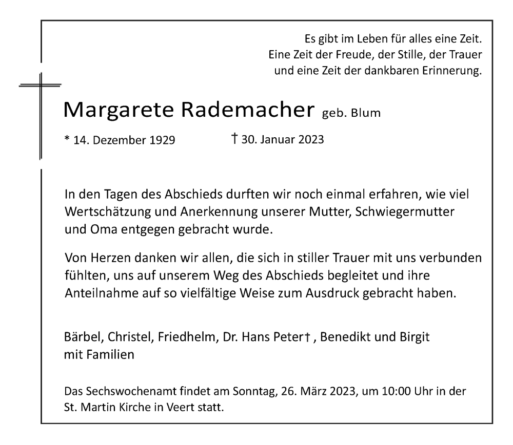  Traueranzeige für Margarete Rademacher vom 20.03.2023 aus Rheinische Post