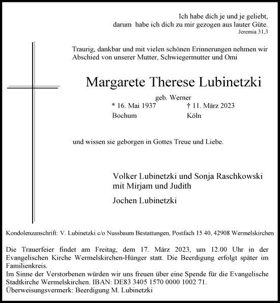 Traueranzeige von Margarete Therese Lubinetzki von Rheinische Post