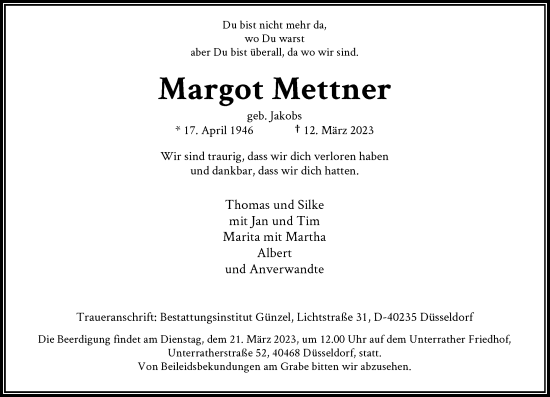 Traueranzeige von Margot Mettner von Rheinische Post