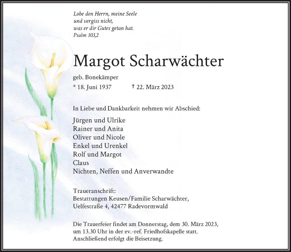  Traueranzeige für Margot Scharwächter vom 25.03.2023 aus Rheinische Post