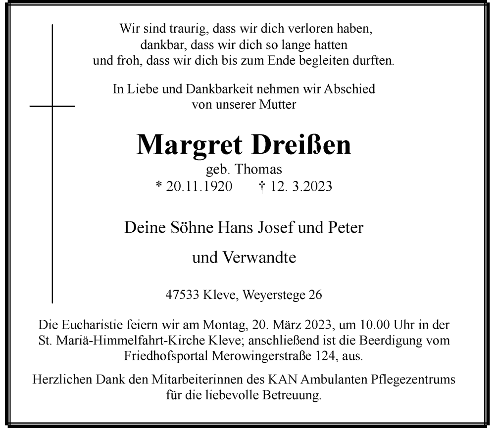  Traueranzeige für Margret Dreißen vom 16.03.2023 aus Rheinische Post