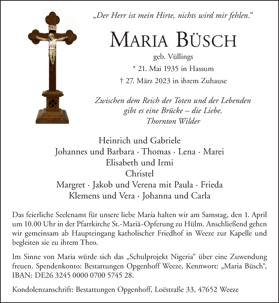  Traueranzeige für Maria Büsch vom 30.03.2023 aus Rheinische Post