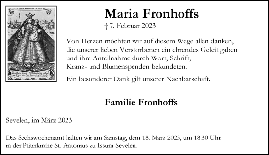 Traueranzeige von Maria Fronhoffs von Rheinische Post