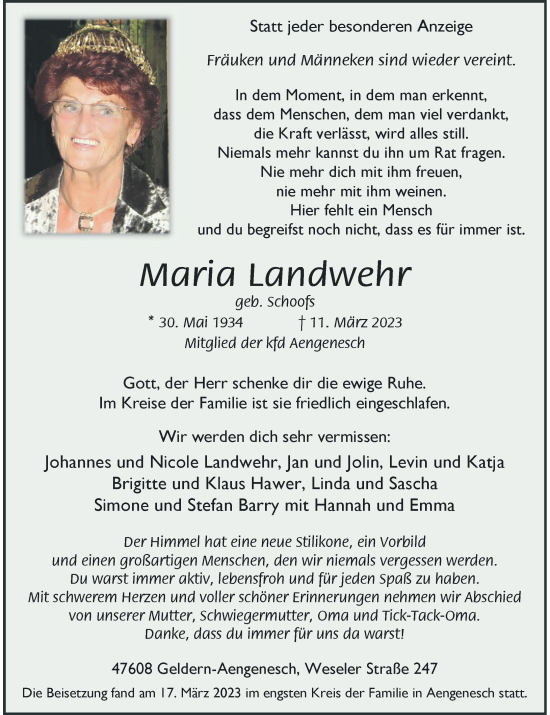 Traueranzeige von Maria Landwehr von Rheinische Post