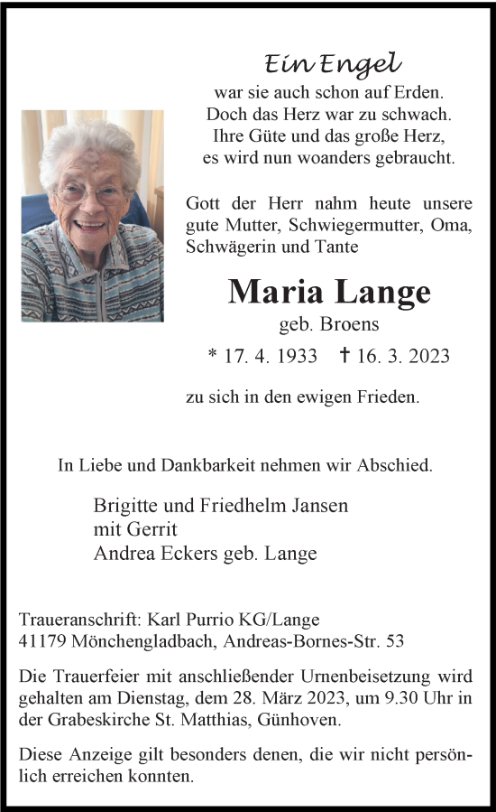 Traueranzeige von Maria Lange von Rheinische Post