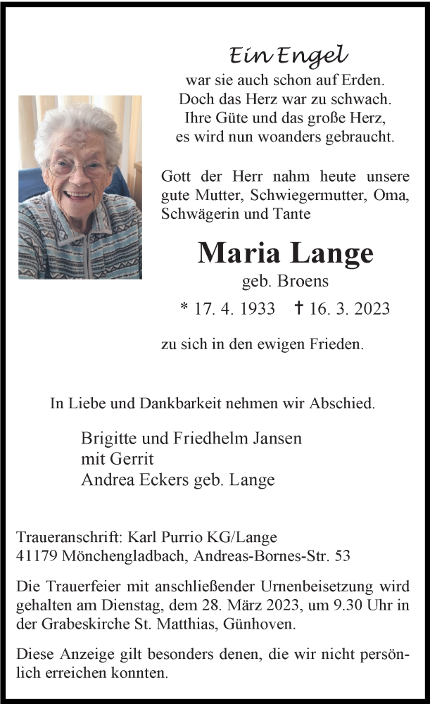  Traueranzeige für Maria Lange vom 25.03.2023 aus Rheinische Post