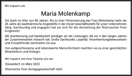 Traueranzeige von Maria Molenkamp von Rheinische Post