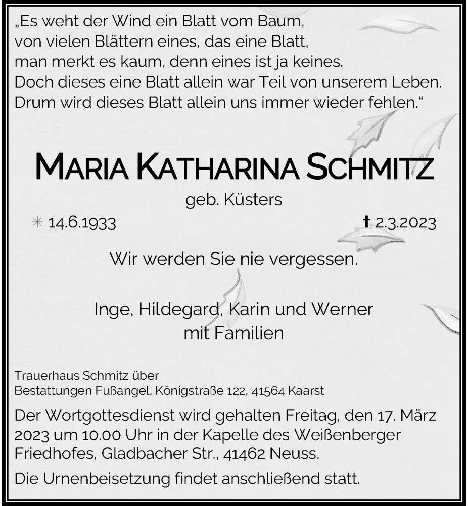  Traueranzeige für Maria Katharina Schmitz vom 11.03.2023 aus Rheinische Post