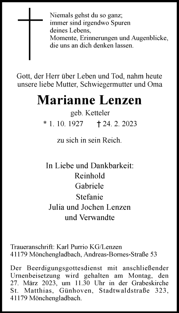  Traueranzeige für Marianne Lenzen vom 11.03.2023 aus Rheinische Post