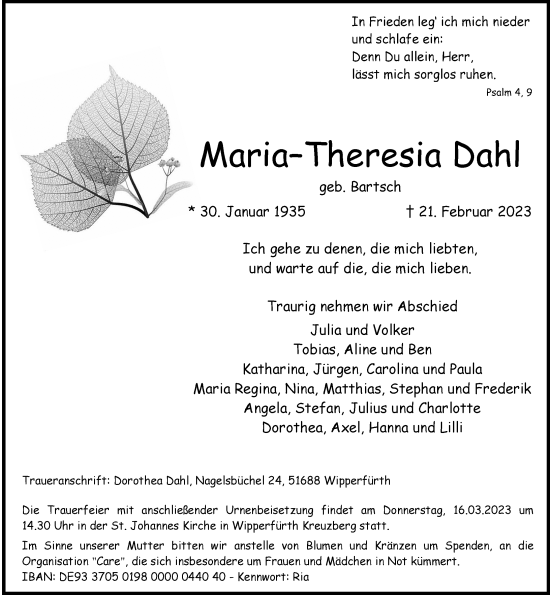 Traueranzeige von Maria–Theresia Dahl von Rheinische Post