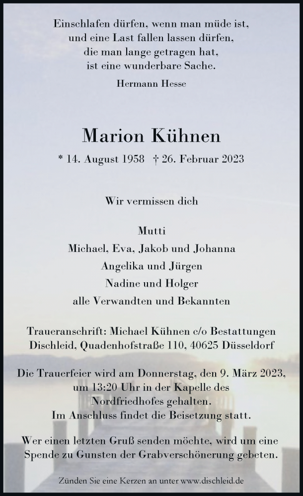  Traueranzeige für Marion Kühnen vom 04.03.2023 aus Rheinische Post