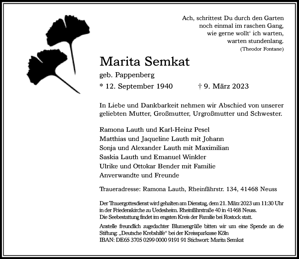  Traueranzeige für Marita Semkat vom 16.03.2023 aus Rheinische Post