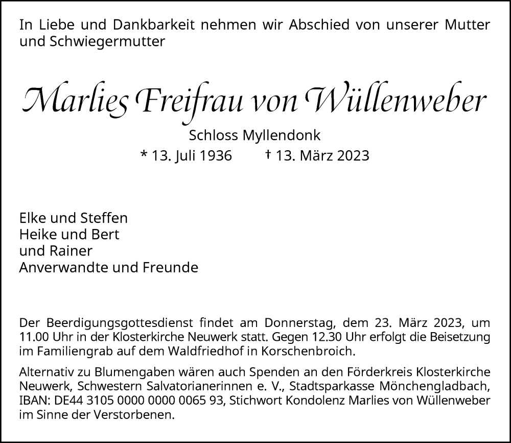  Traueranzeige für Marlies  Freifrau von Wüllenweber vom 18.03.2023 aus Rheinische Post