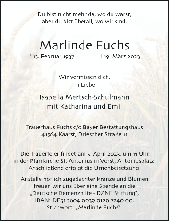 Traueranzeige von Marlinde Fuchs von Rheinische Post