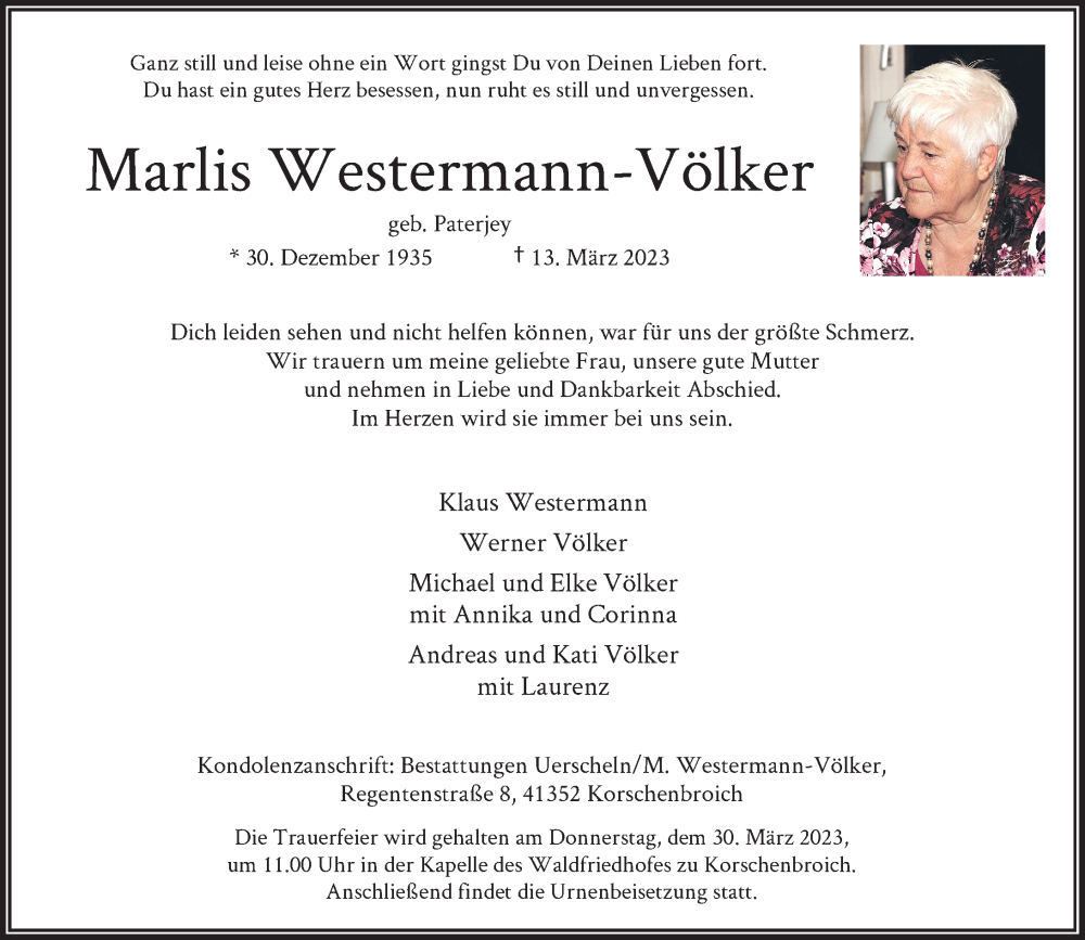  Traueranzeige für Marlis Westermann-Völker vom 25.03.2023 aus Rheinische Post