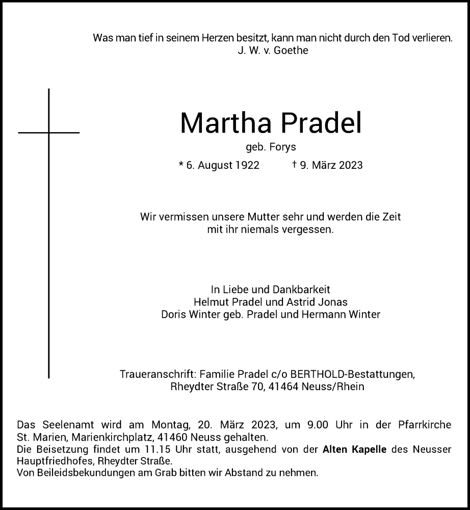  Traueranzeige für Martha Pradel vom 18.03.2023 aus Rheinische Post