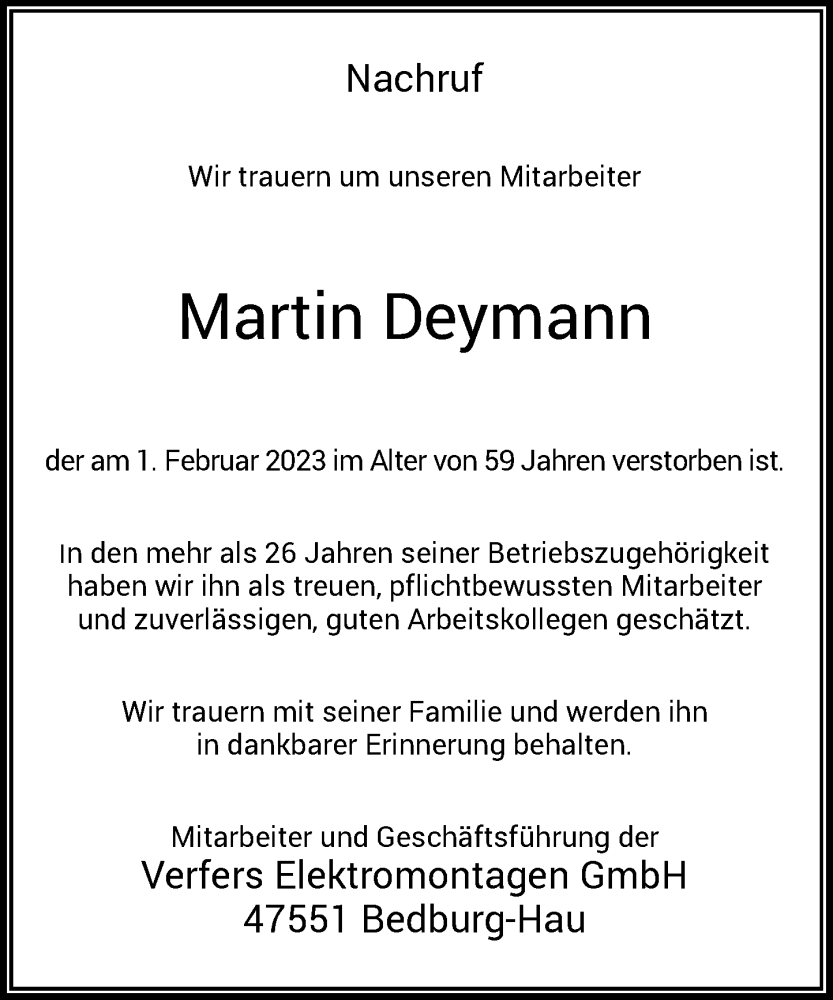  Traueranzeige für Martin Deymann vom 18.03.2023 aus Rheinische Post