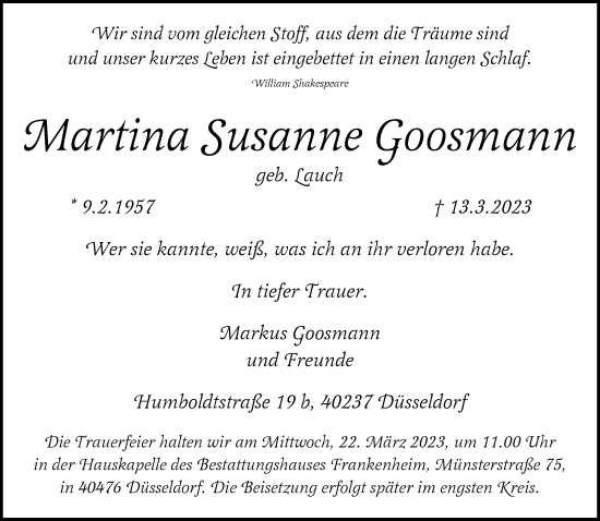 Traueranzeige von Martina Susanne Goosmann von Rheinische Post