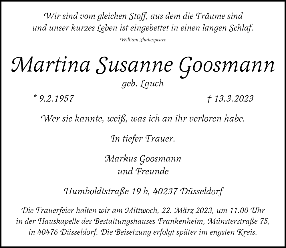 Traueranzeige für Martina Susanne Goosmann vom 18.03.2023 aus Rheinische Post