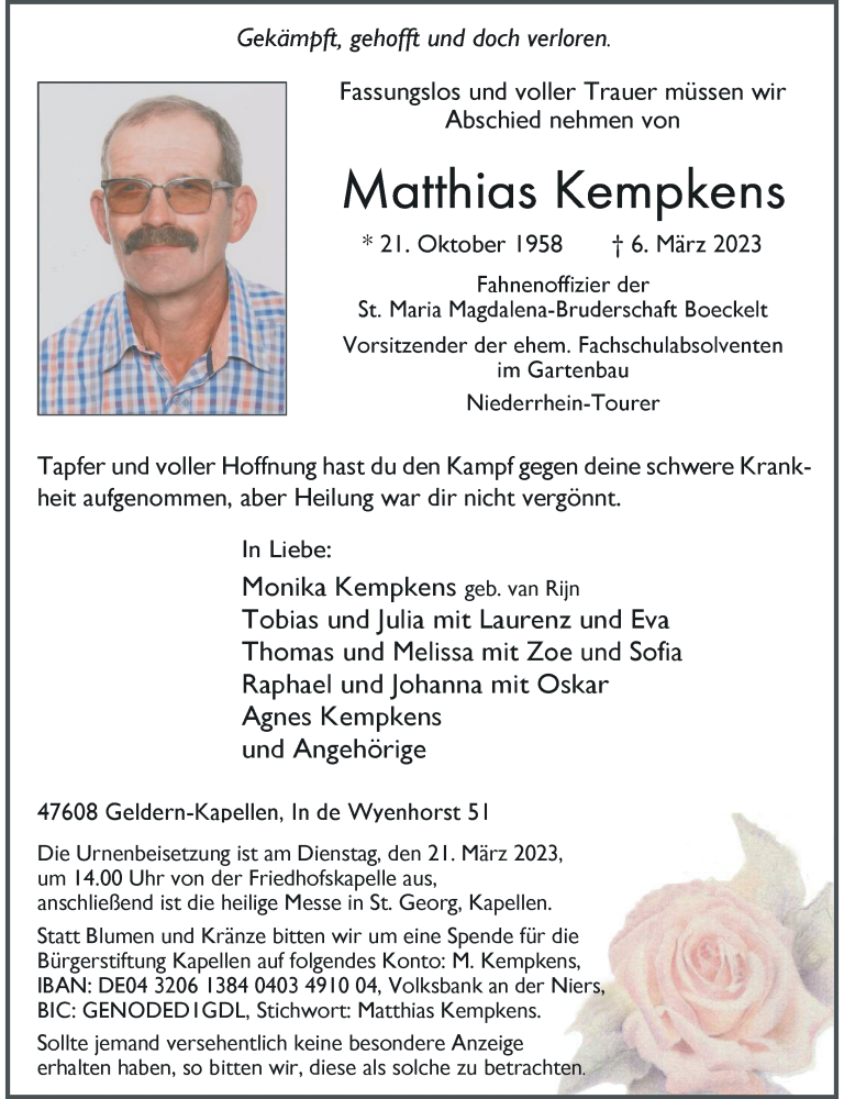  Traueranzeige für Matthias Kempkens vom 15.03.2023 aus Rheinische Post