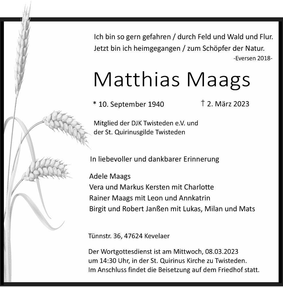  Traueranzeige für Matthias Maags vom 04.03.2023 aus Rheinische Post
