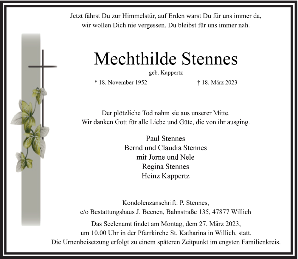  Traueranzeige für Mechthilde Stennes vom 25.03.2023 aus Rheinische Post