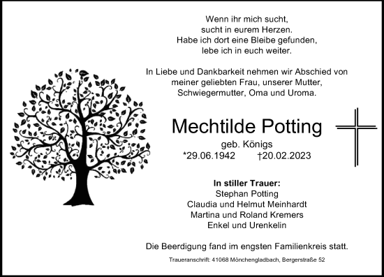 Traueranzeige von Mechtilde Potting von Rheinische Post