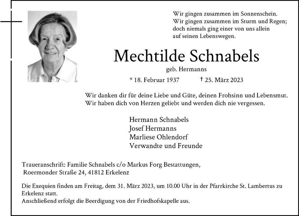  Traueranzeige für Mechtilde Schnabels vom 29.03.2023 aus Rheinische Post