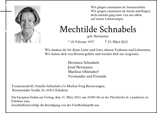 Traueranzeige von Mechtilde Schnabels von Rheinische Post