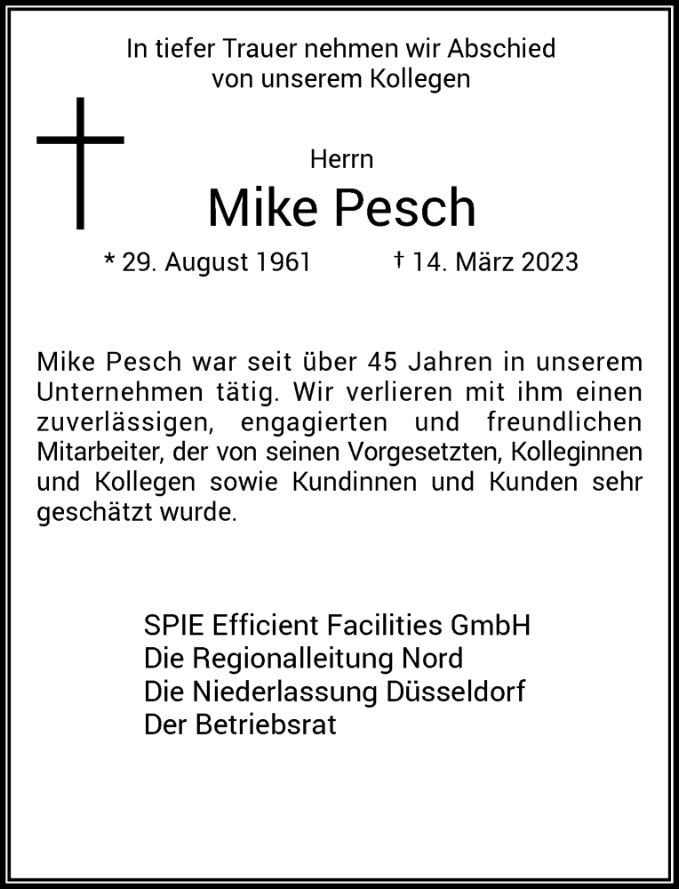  Traueranzeige für Mike Pesch vom 30.03.2023 aus Rheinische Post