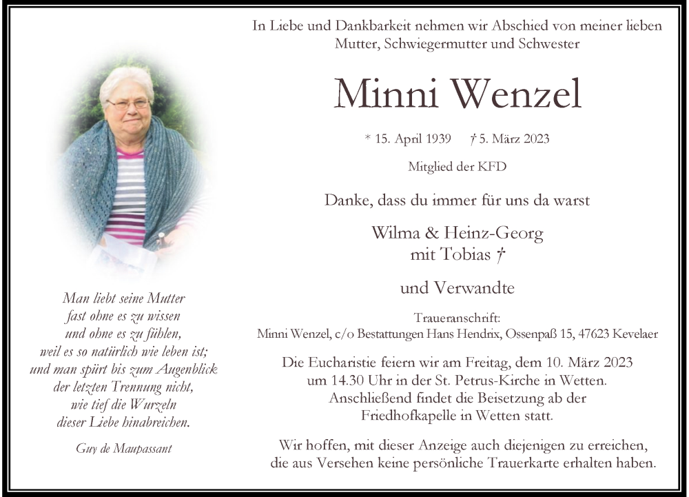  Traueranzeige für Minni Wenzel vom 09.03.2023 aus Rheinische Post