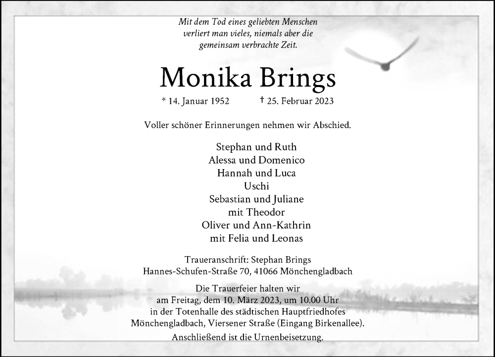  Traueranzeige für Monika Brings vom 04.03.2023 aus Rheinische Post