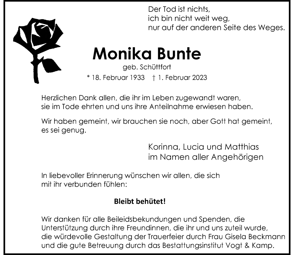  Traueranzeige für Monika Bunte vom 18.03.2023 aus Rheinische Post