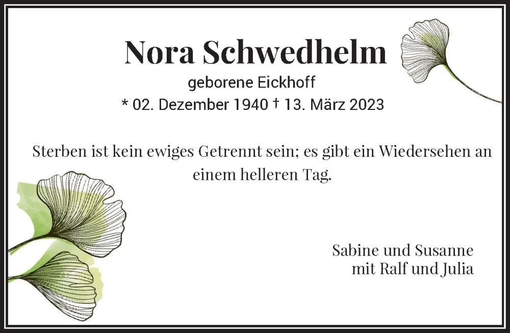  Traueranzeige für Nora Schwedhelm vom 18.03.2023 aus Rheinische Post