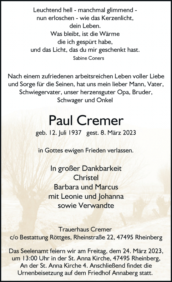 Traueranzeige von Paul Cremer von Rheinische Post