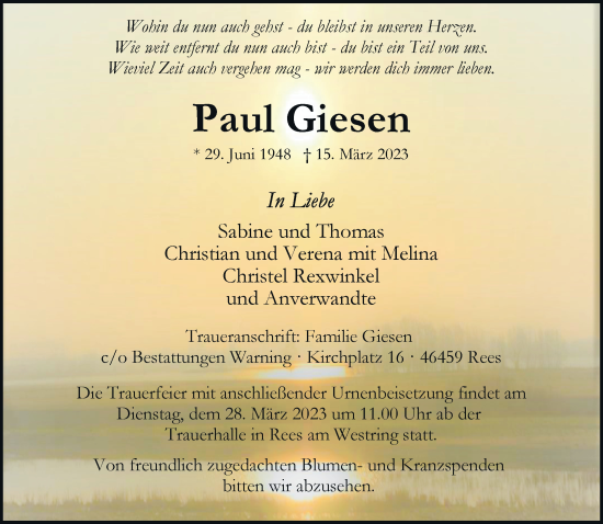 Traueranzeige von Paul Giesen von Rheinische Post