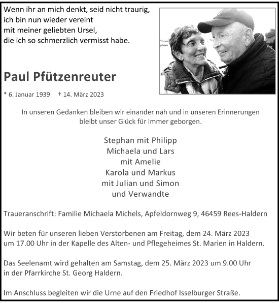 Traueranzeige von Paul Pfützenreuter von Rheinische Post