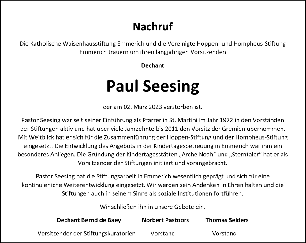  Traueranzeige für Paul Seesing vom 11.03.2023 aus Rheinische Post