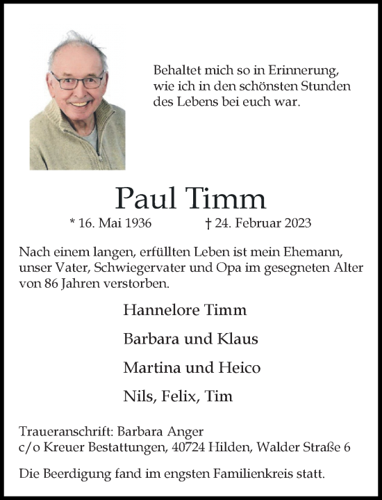 Traueranzeige von Paul Timm von Rheinische Post