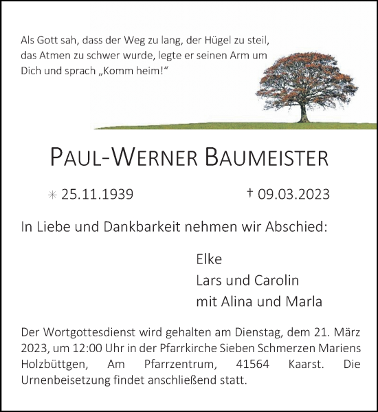 Traueranzeige von Paul-Werner Baumeister von Rheinische Post