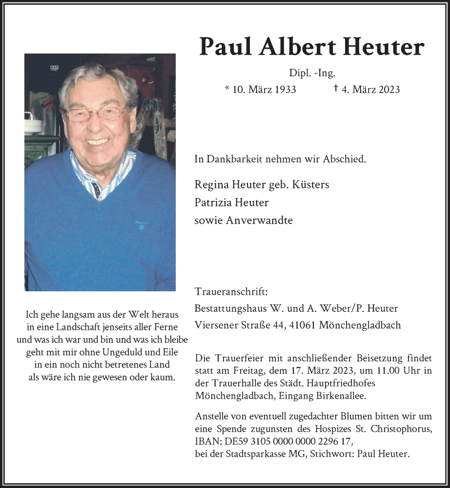 Traueranzeige für Paul Albert Heuter vom 11.03.2023 aus Rheinische Post