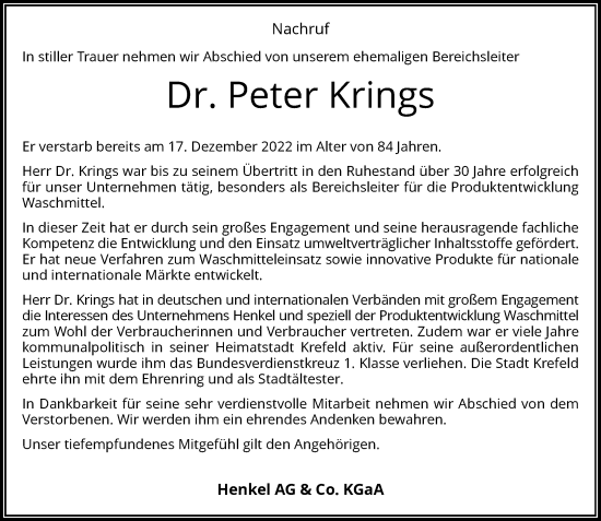 Traueranzeige von Peter Krings von Rheinische Post