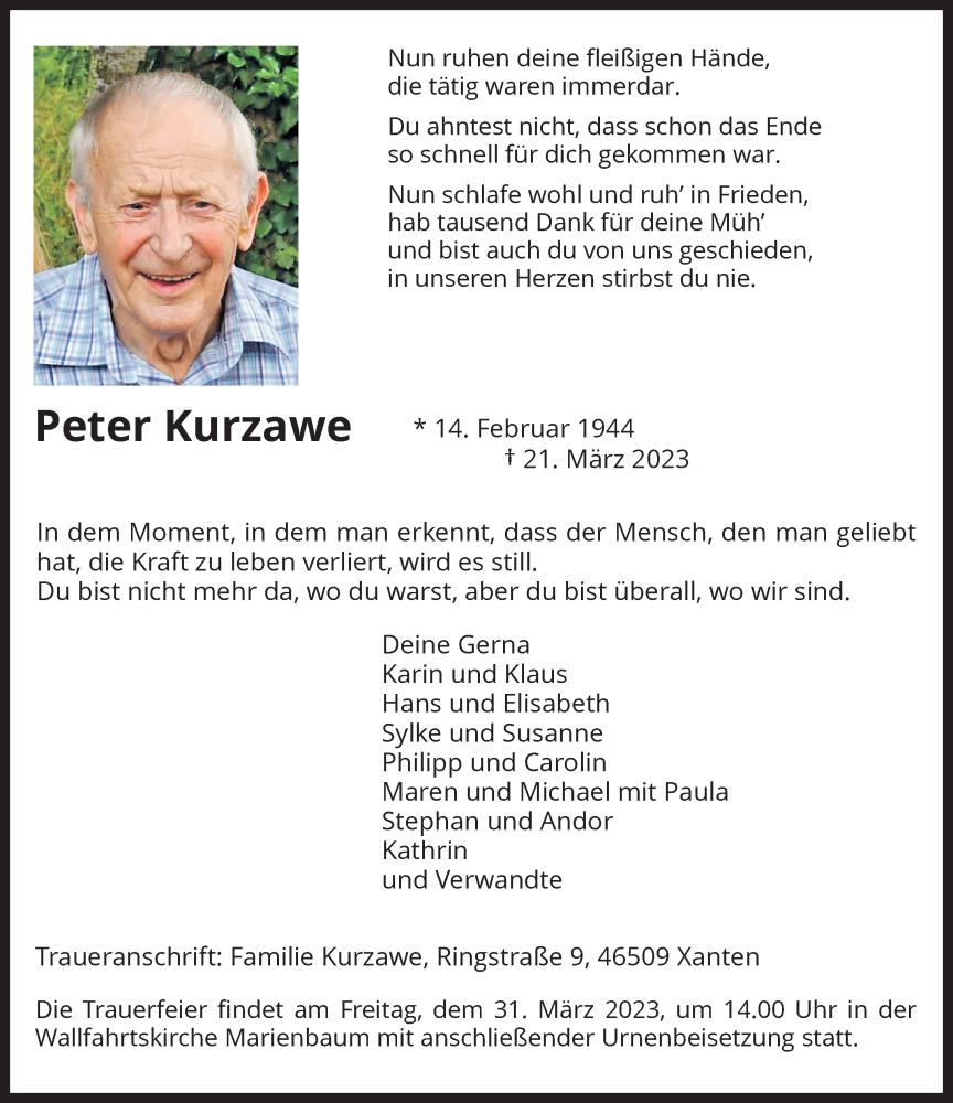  Traueranzeige für Peter Kurzawe vom 25.03.2023 aus Rheinische Post