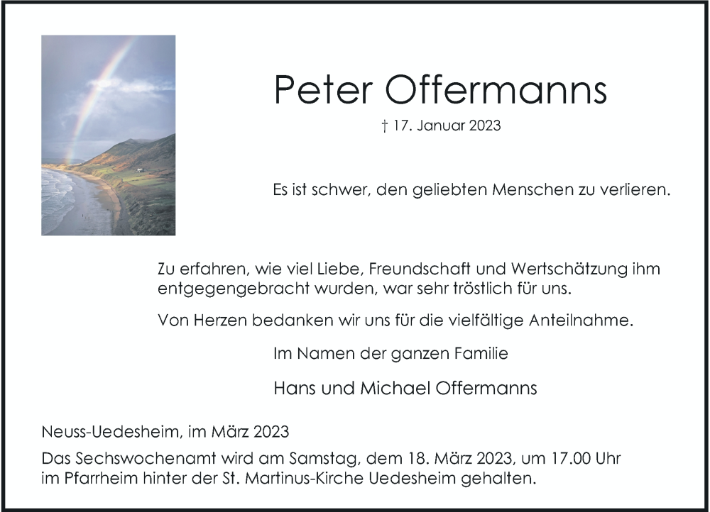  Traueranzeige für Peter Offermanns vom 11.03.2023 aus Rheinische Post