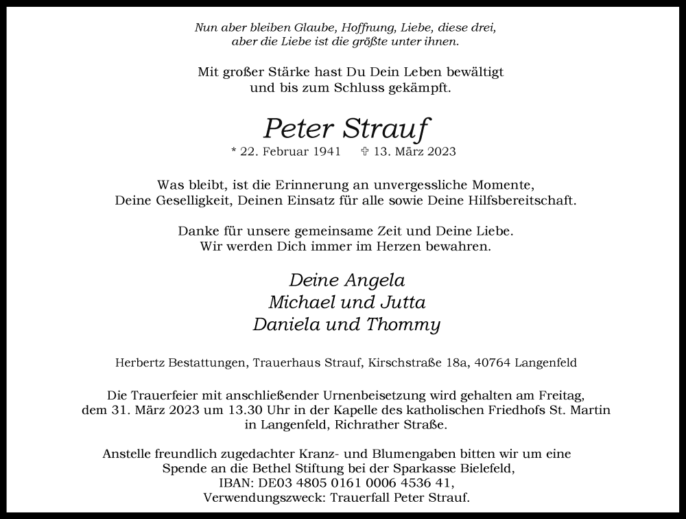  Traueranzeige für Peter Strauf vom 18.03.2023 aus Rheinische Post