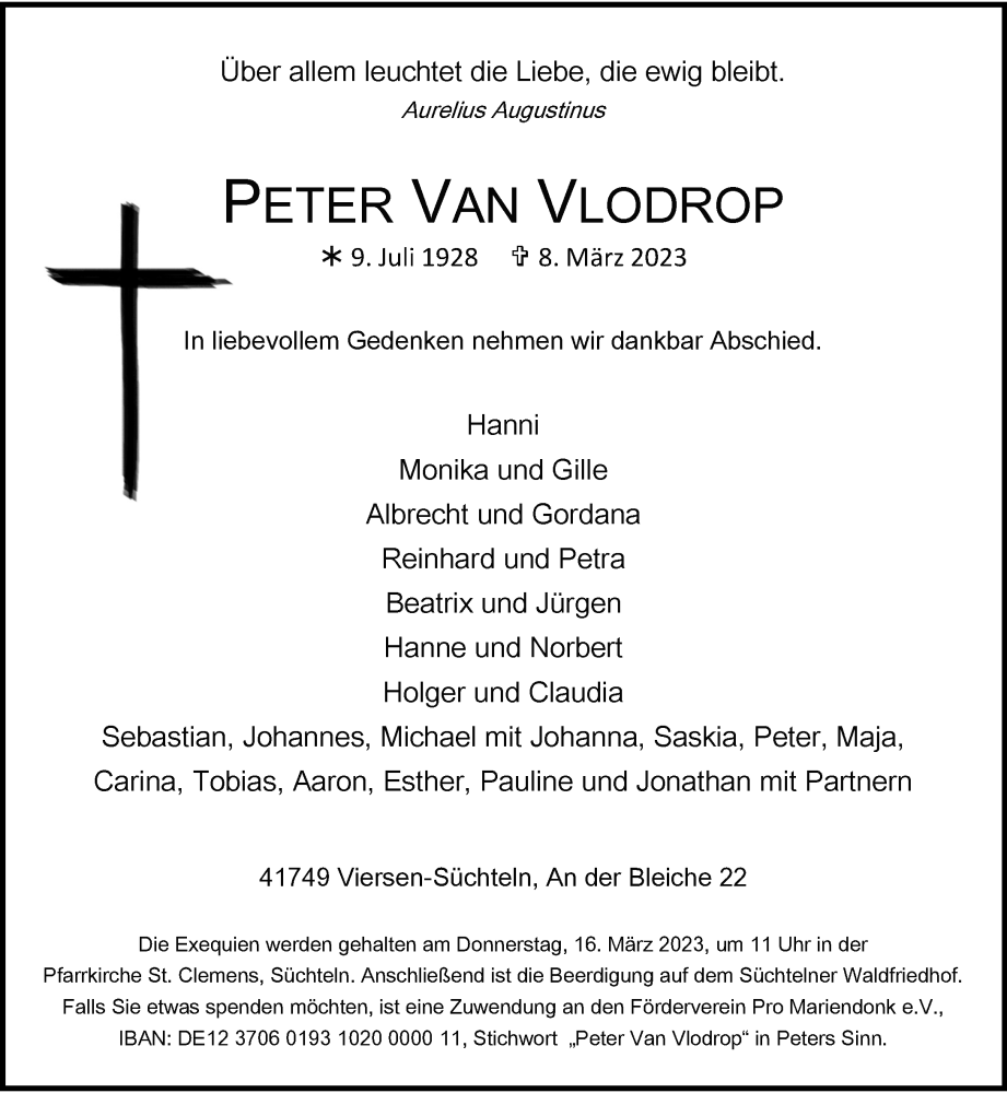 Traueranzeige für Peter van vom 14.03.2023 aus Rheinische Post