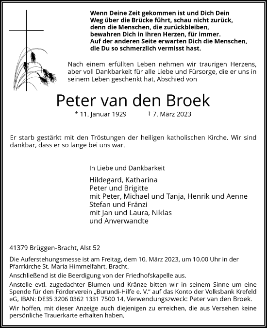 Traueranzeige von Peter van den Broek von Rheinische Post