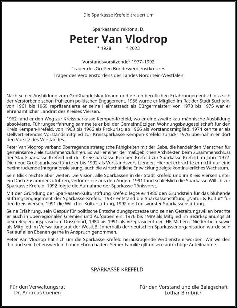  Traueranzeige für Peter  van Vlodrop vom 18.03.2023 aus Rheinische Post