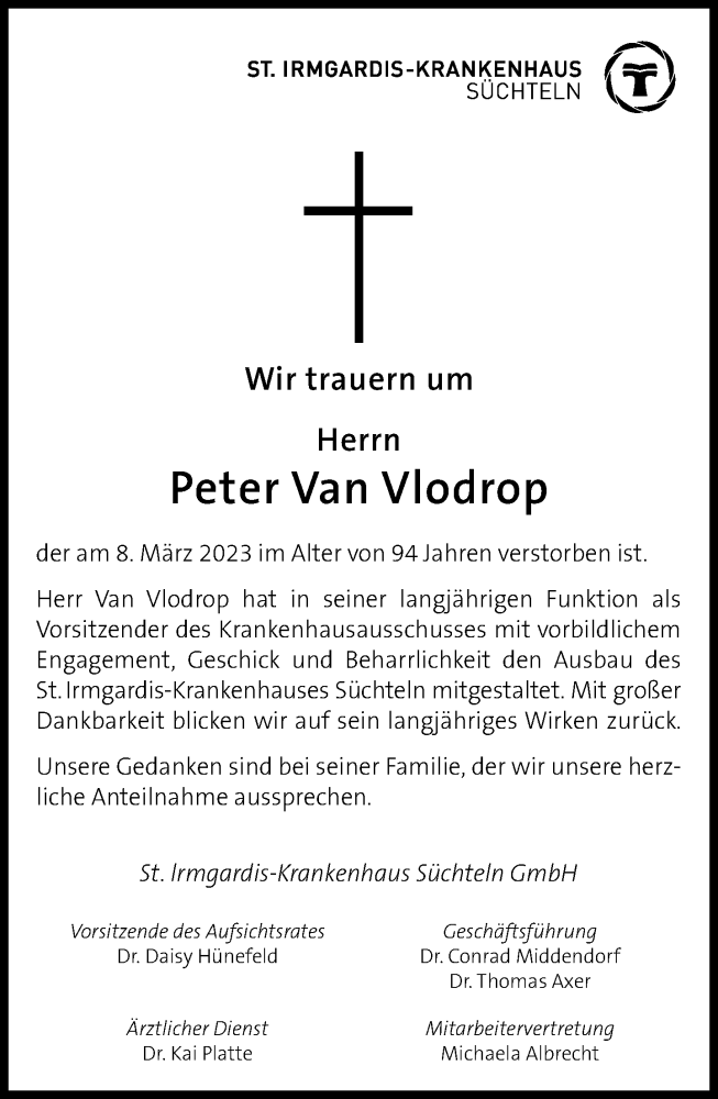  Traueranzeige für Peter Van Vlodrop vom 21.03.2023 aus Rheinische Post